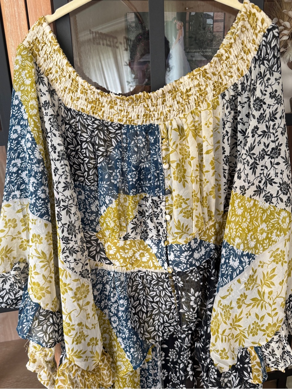 Anthropologie Patchwork Floral Maxi Dress Tunic Top Yellow, Blue, Black, White - Picture 2 of 8